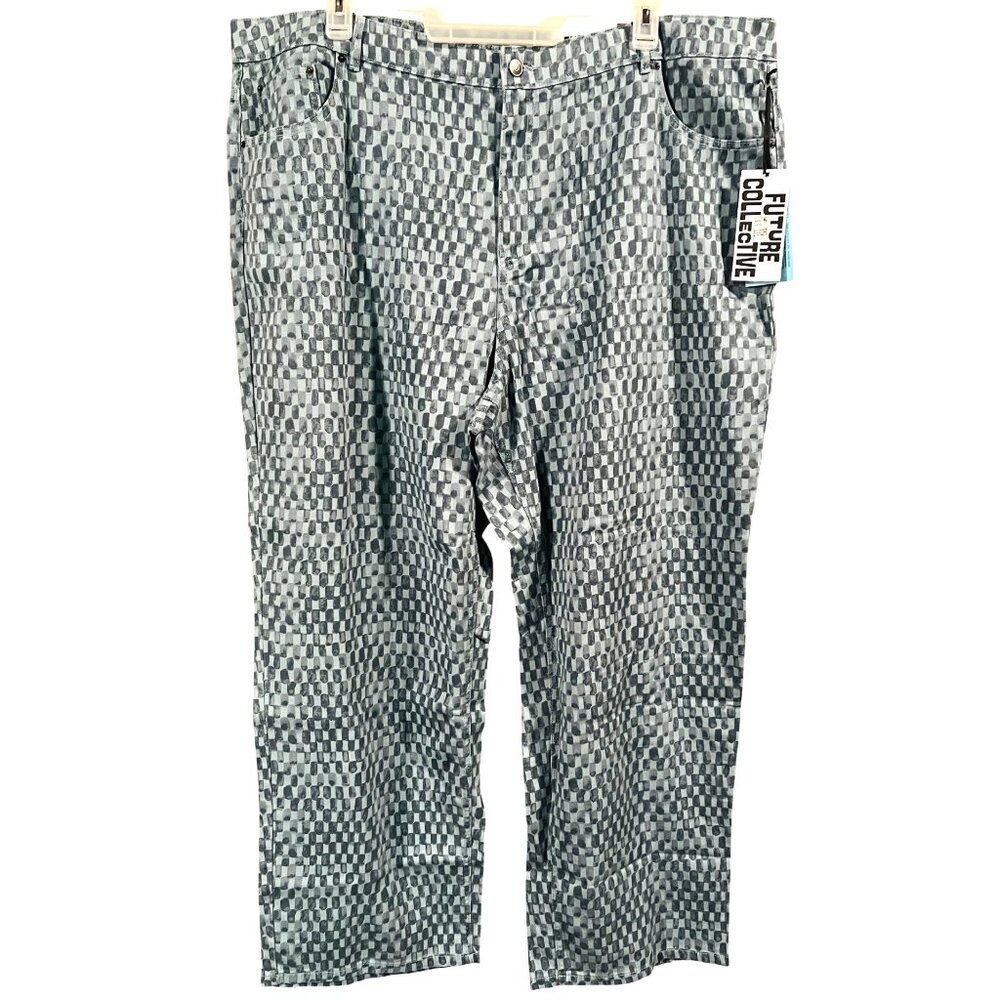 NEW Future Collective Womens Blue Plaid Denim Jeans Mid Rise Straight Leg 22